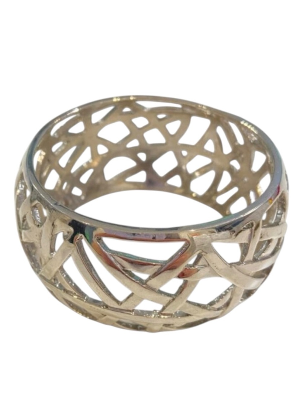 Silver-Tone Openwork Wide Bangle Bracelet - Geometric Pattern Design